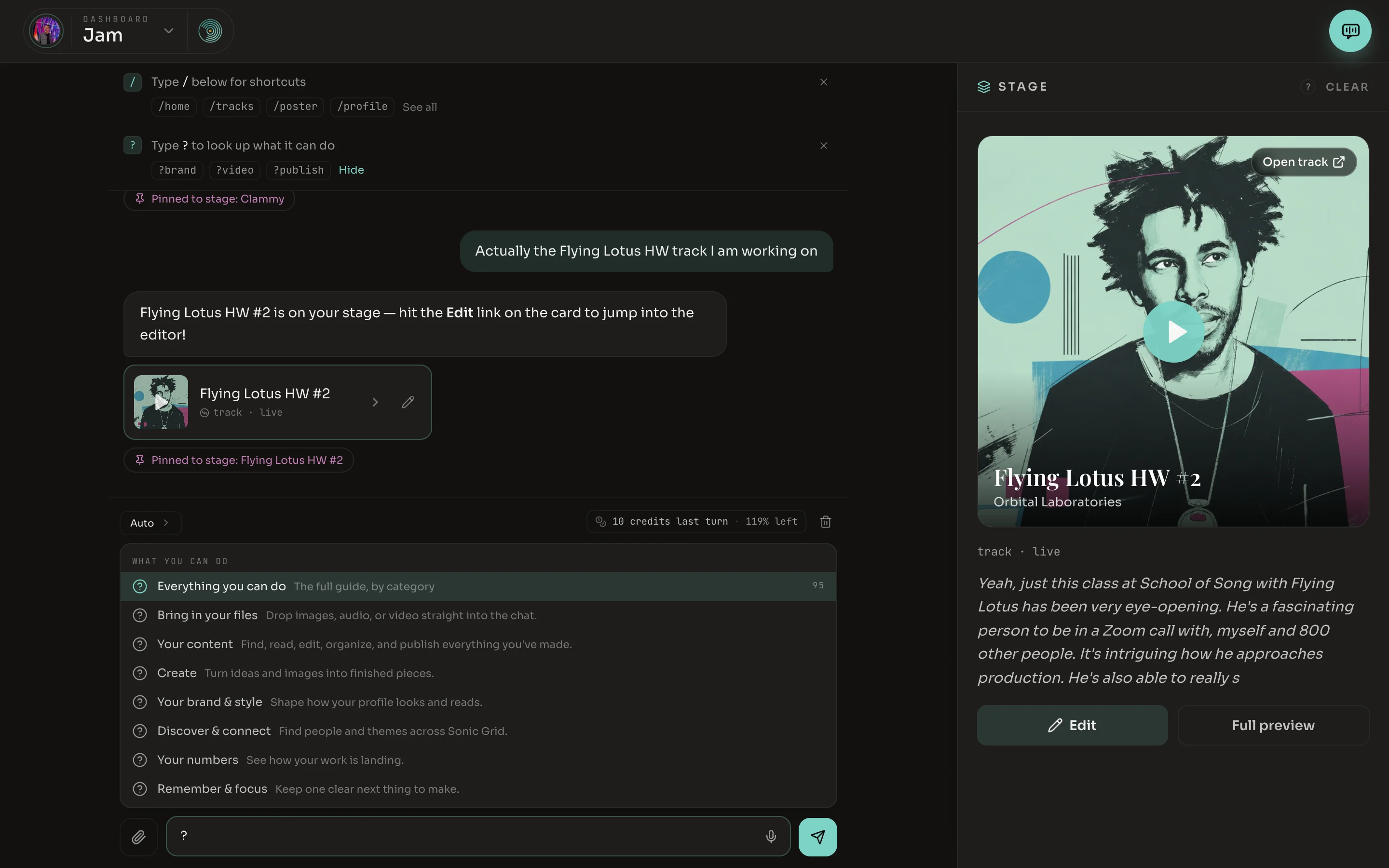 Jam with the help list open above the box, showing groups such as Bring in your files, Your content and Create