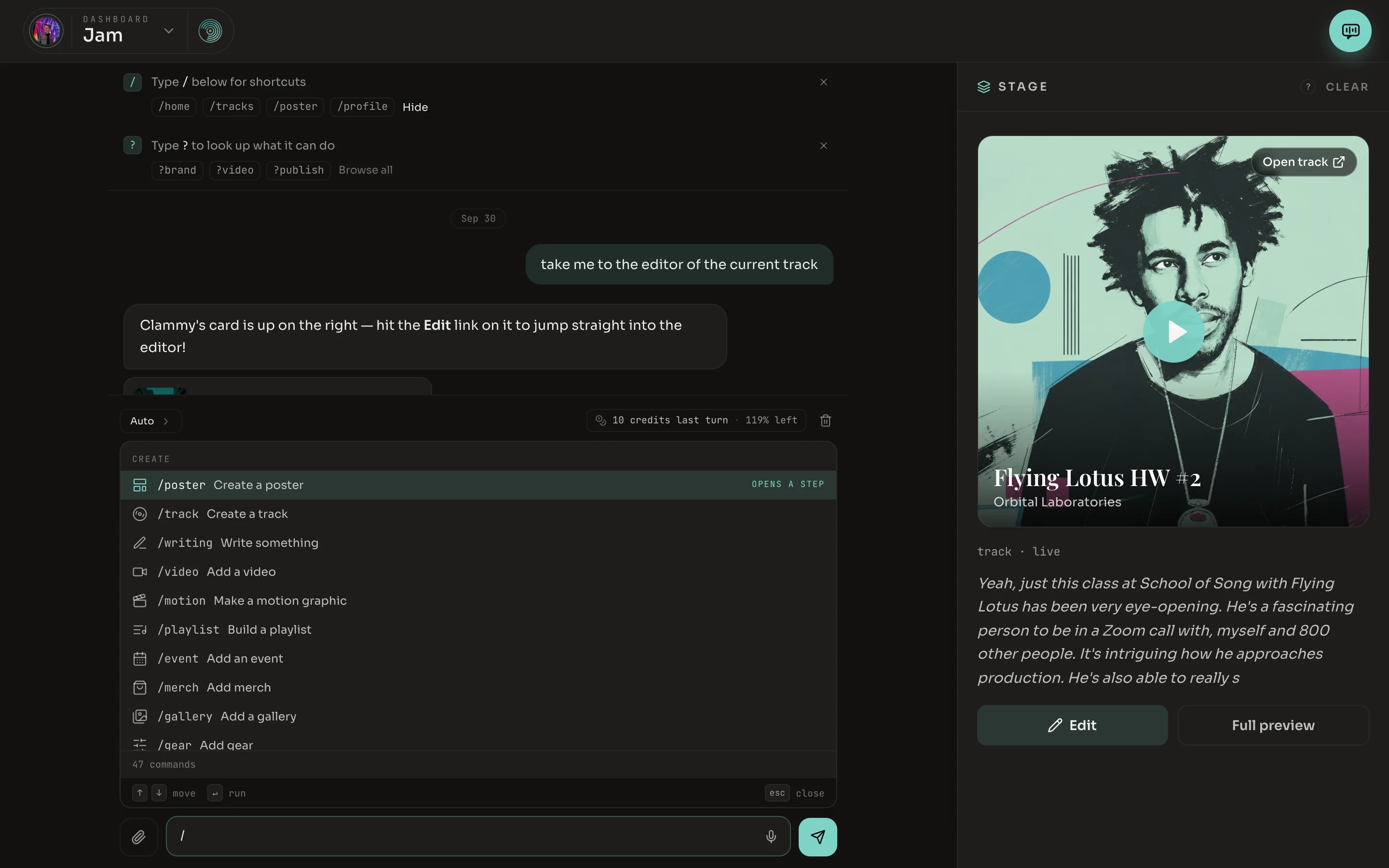 Jam with the shortcuts list open above the box, showing commands such as /poster, /track and /writing