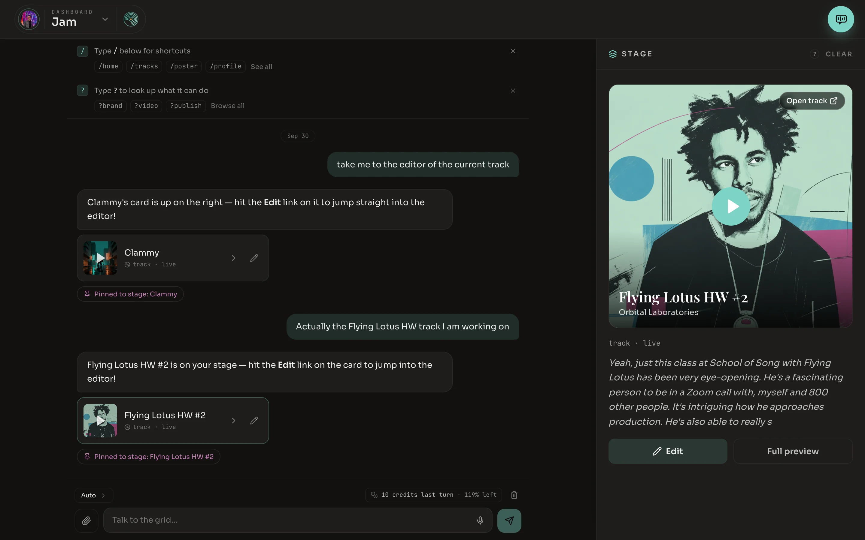 Jam, with a conversation on the left, a box to type in at the bottom and the Stage on the right holding a track