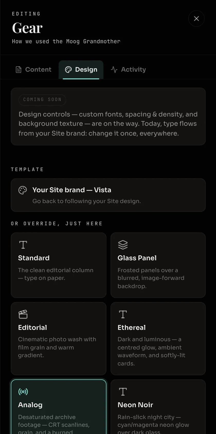 The Design tab of the post editor, with a template picker, tone, accent colors and layout