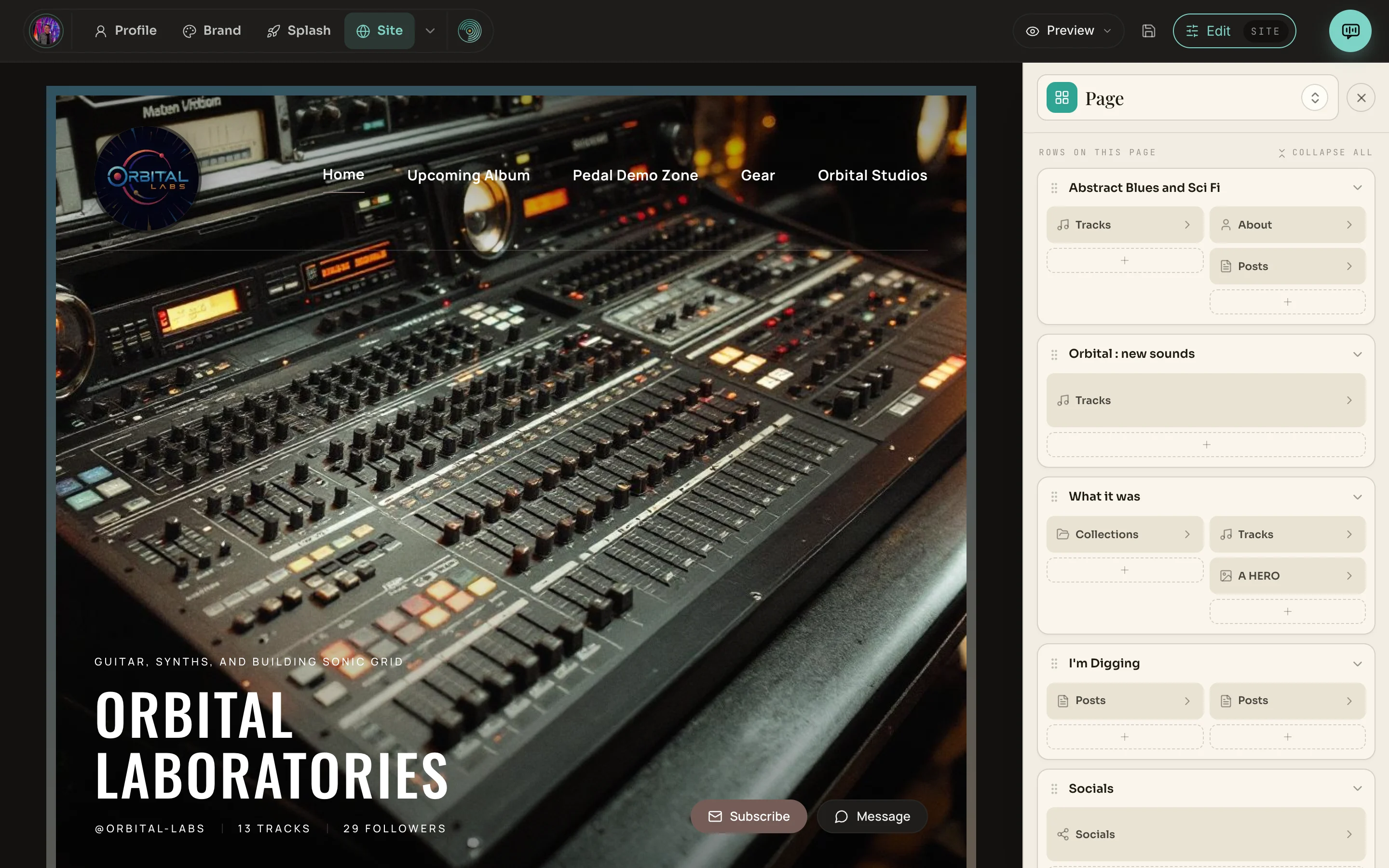 The site editor with the live site on the left and a panel on the right listing the rows on the page and the blocks in each