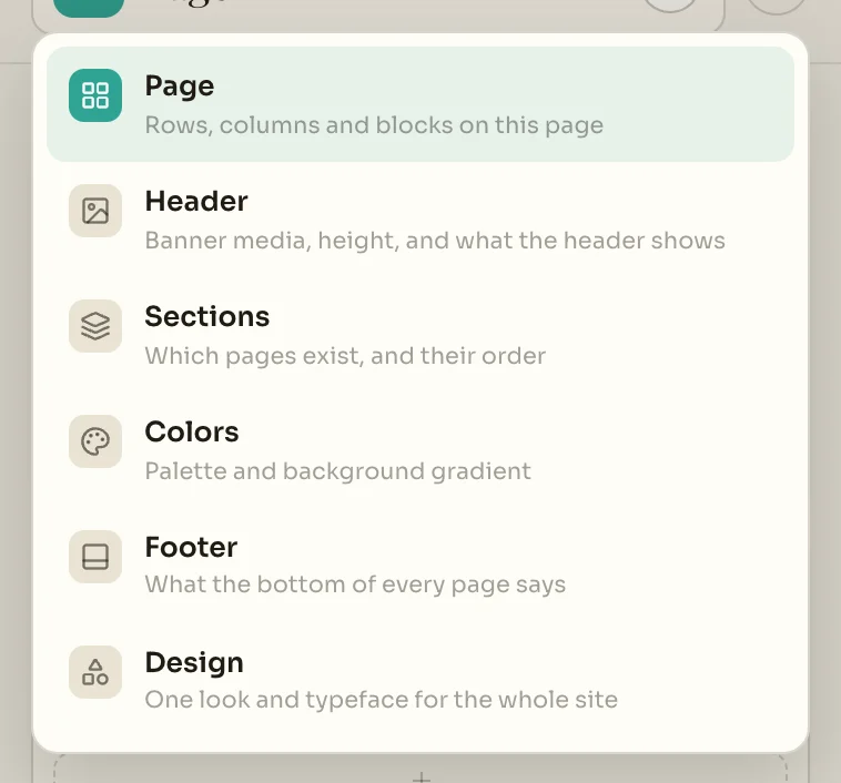 The menu at the top of the site panel listing Page, Header, Sections, Colors, Footer and Design