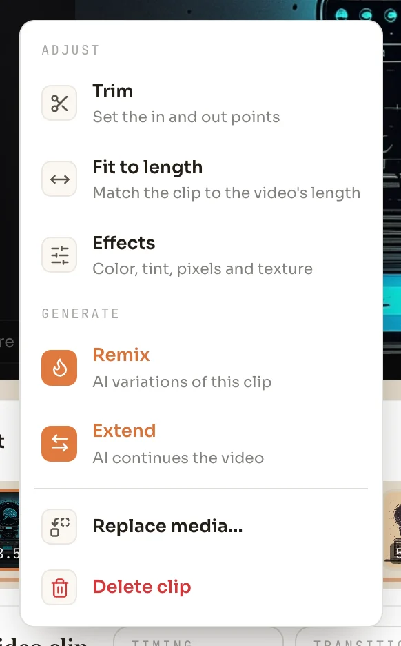 The clip menu, with Trim, Fit to length and Effects under Adjust, Remix and Extend under Generate, then Add clip after, Replace clip and Delete clip