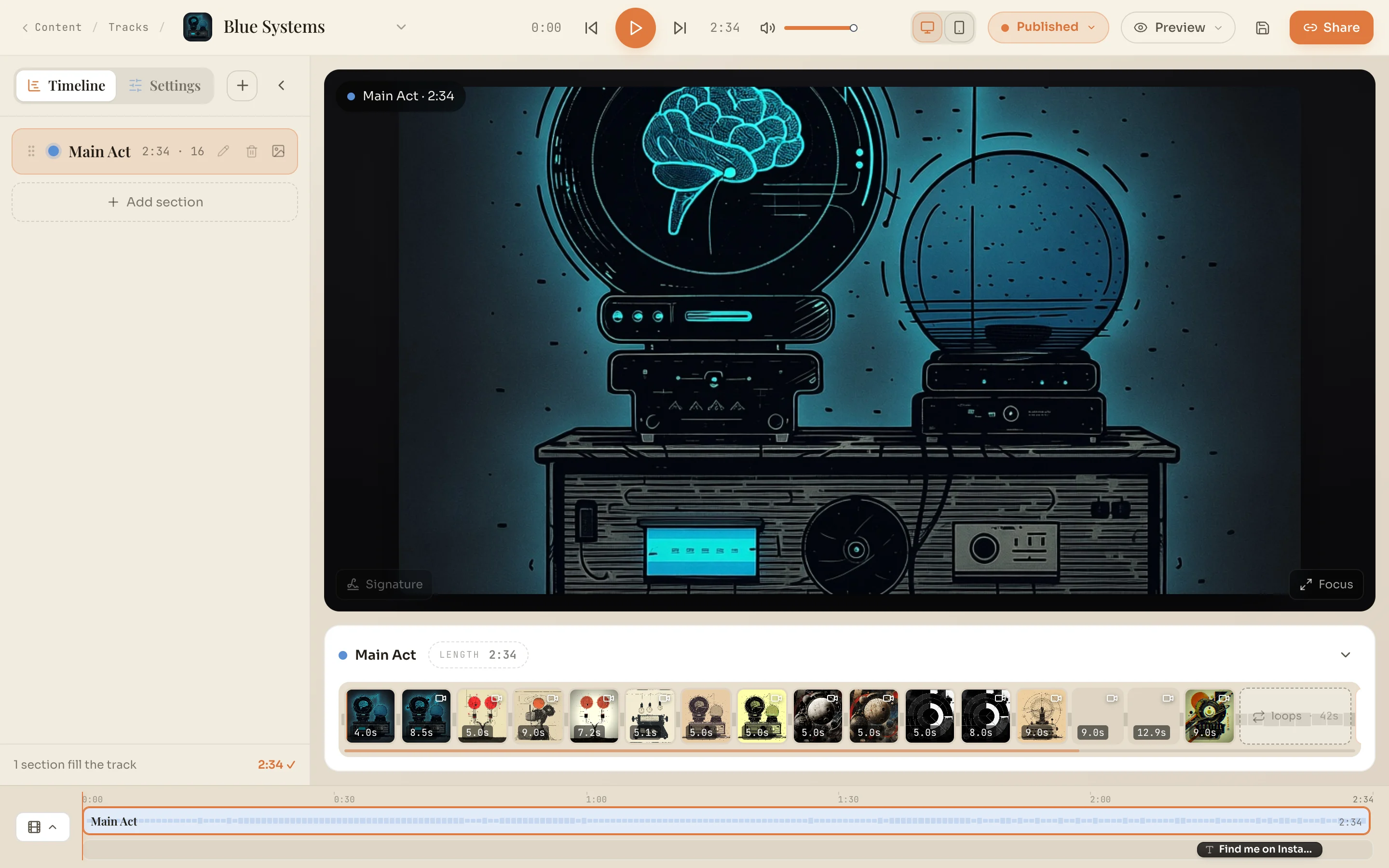 The track editor with a section list on the left, the preview in the middle, a strip of clips below it and the timeline along the bottom