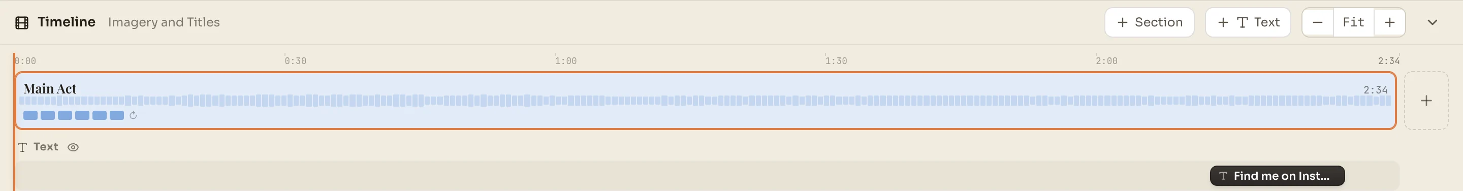 The timeline opened to full height, with a ruler, one section spanning the song and a text block near the end
