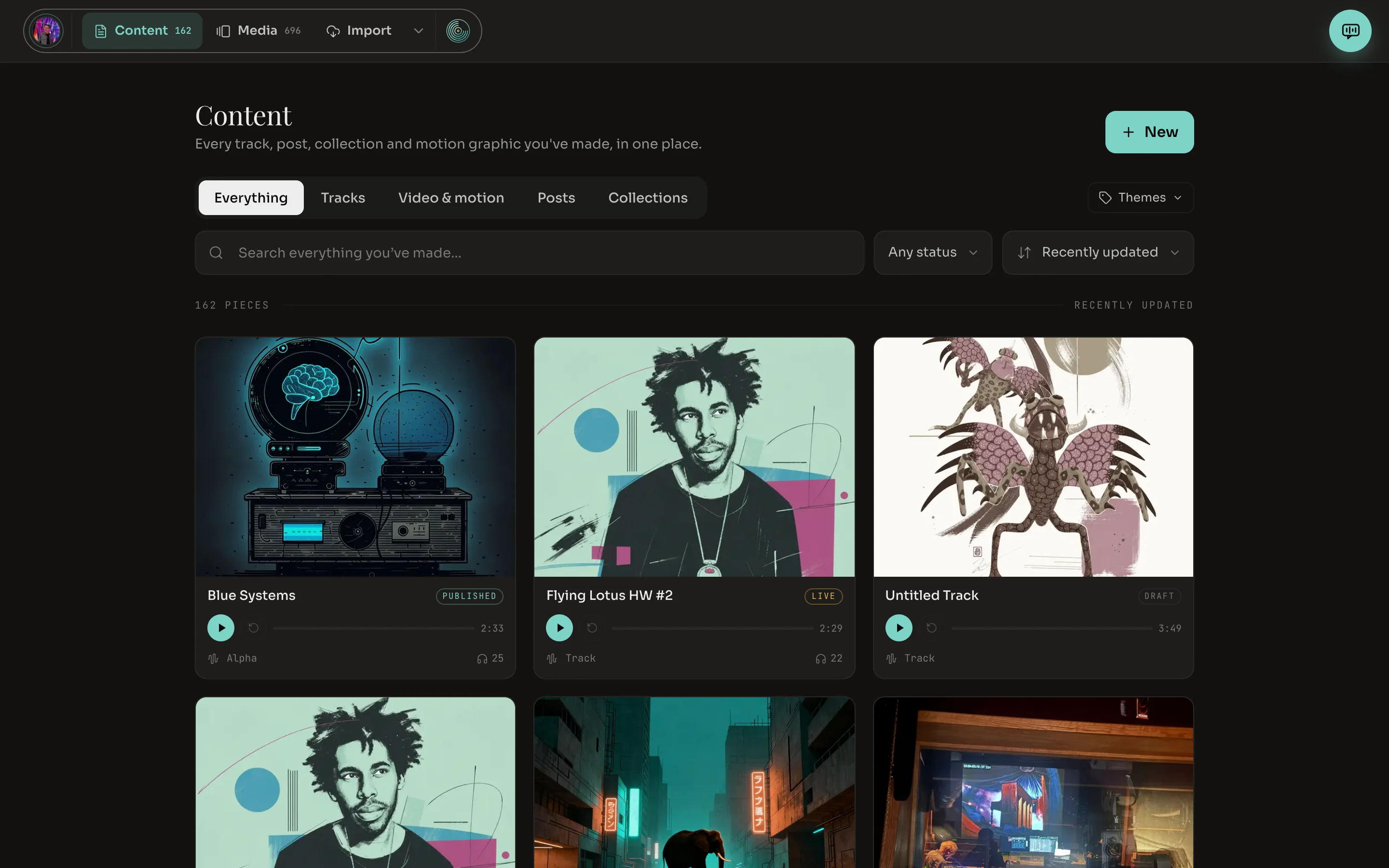 The Content page listing tracks, posts and motion graphics, each tagged Draft, Live or Published