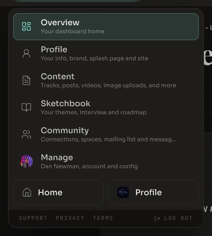The dashboard menu listing Overview, Profile, Content, Sketchbook, Community and Manage, with Home and Profile buttons below