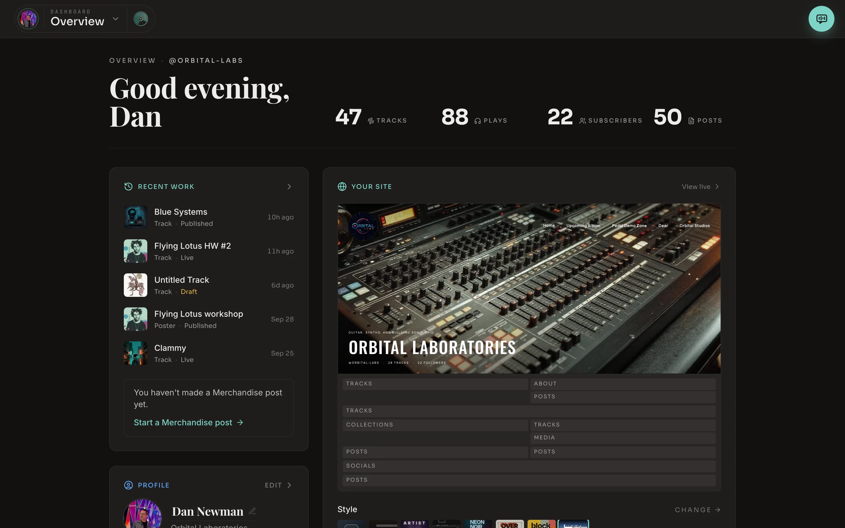 The dashboard overview, with counts of tracks, plays, subscribers and posts, a list of recent work and a preview of the site