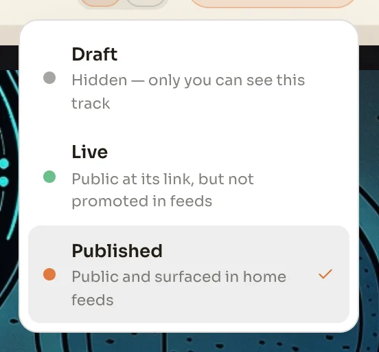 The status menu in the track editor with three choices: Draft, Live and Published